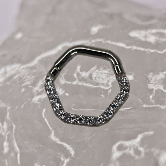 Anello Clicker esagonale con zirconi cz in Titanio 1.2x8mm